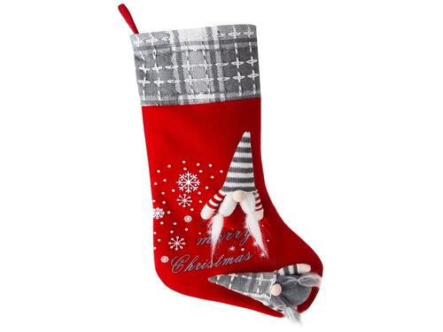Vianočná dekorácia - Červená ponožka s 2 šedými škriatkami